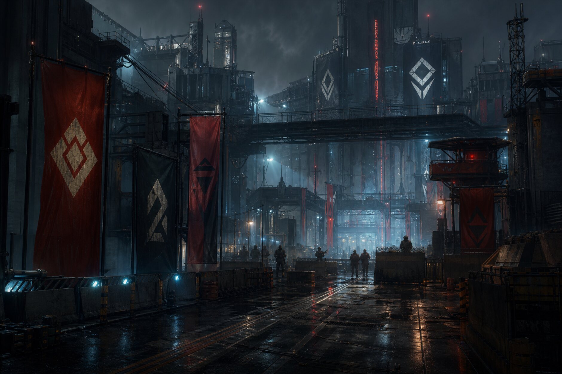 Dystopian Betmatch district with neon industrial architecture and faction territories